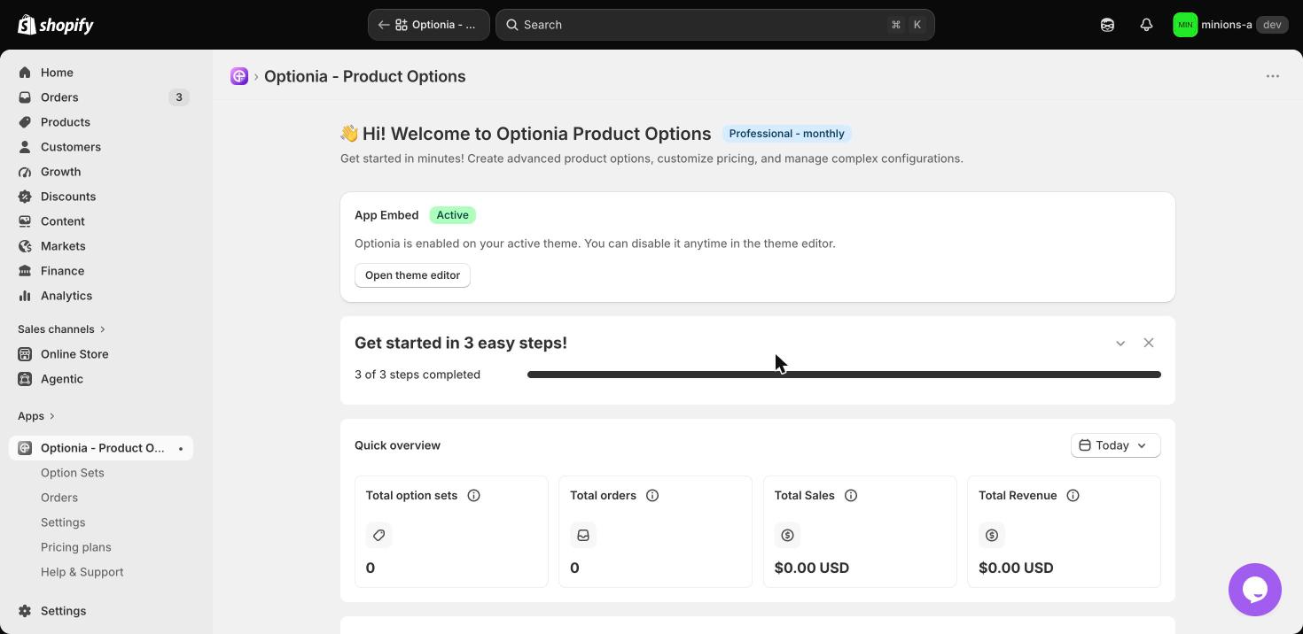 Optionia app dashboard in Shopify admin