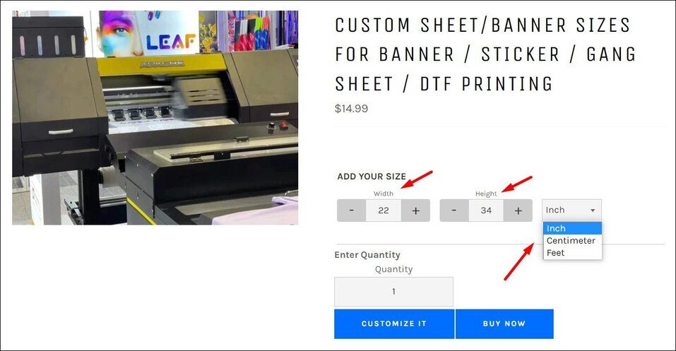 custom canvas sizing with dynamic price generation