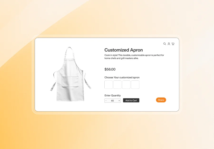 Product page displaying a white customized apron priced at $56 with options to choose design, enter quantity, and add to cart.
