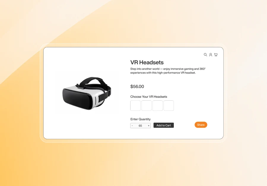 Product page featuring a black and white VR headset priced at $56 with options to choose model, adjust quantity, and add to cart.