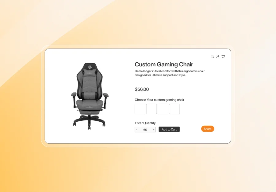 Product page featuring a custom gray ergonomic gaming chair priced at $56 with options to choose model, quantity, and add to cart.