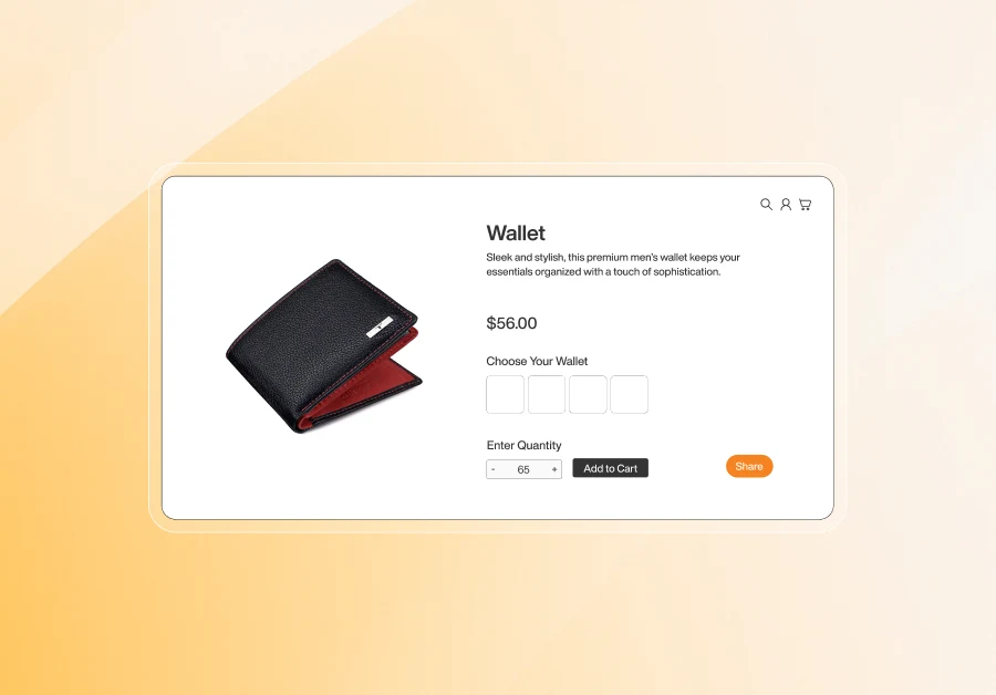 Product page displaying a black and red men's wallet priced at $56 with quantity and color selection options and an Add to Cart button.
