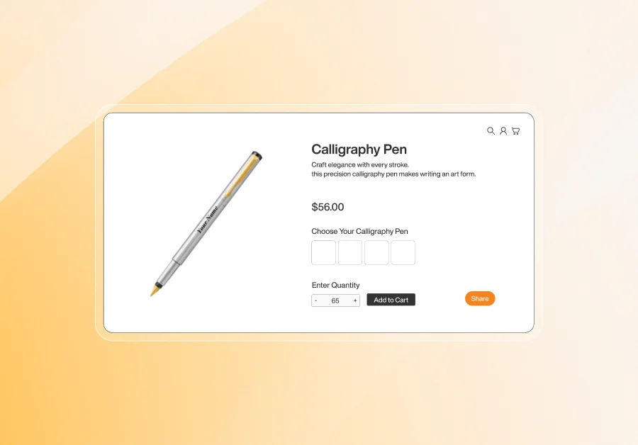 Product page displaying a silver calligraphy pen with gold accents priced at $56, featuring customization options, quantity selector, and add to cart button on a beige background.
