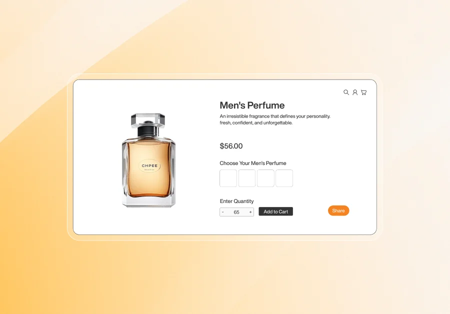 Product page displaying a men’s perfume bottle priced at $56, featuring customization options, quantity selector, and add to cart button on a beige background.