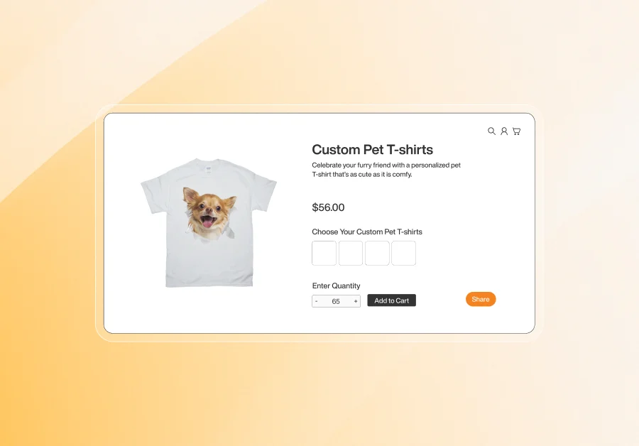 Product page displaying a custom pet T-shirt featuring a printed dog face, priced at $56, with customization options, quantity selector, and add to cart button on a beige background.