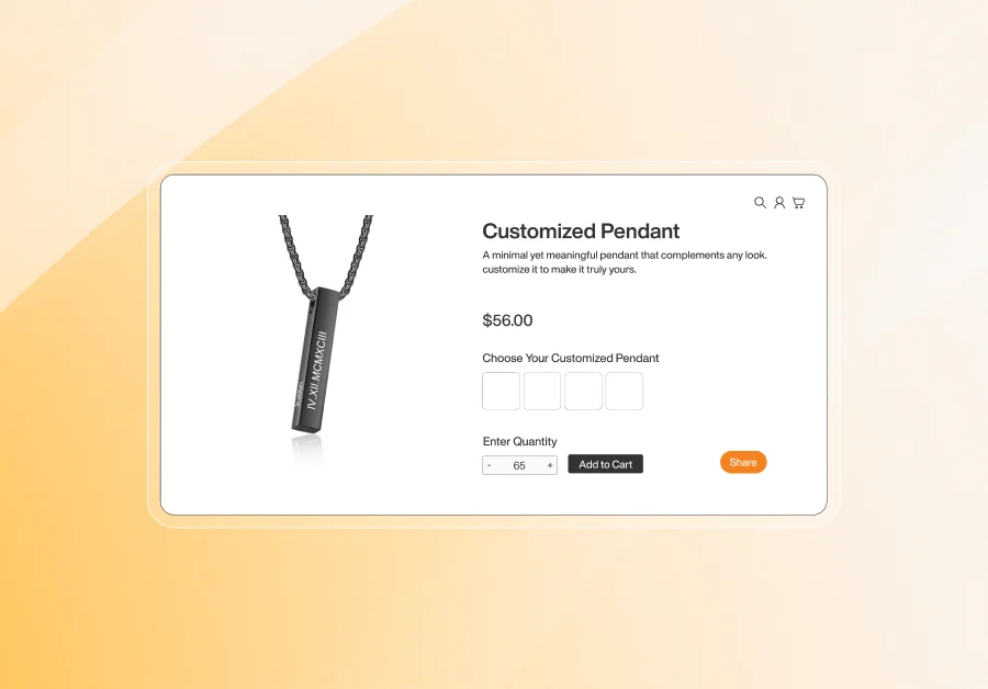 Product page displaying a customized pendant necklace priced at $56, featuring personalization options, quantity selector, and add to cart button on a clean beige background.