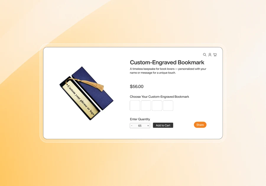 Product page showing a custom-engraved bookmark with tassel, priced at $56, featuring options to personalize design, select quantity, and add to cart.