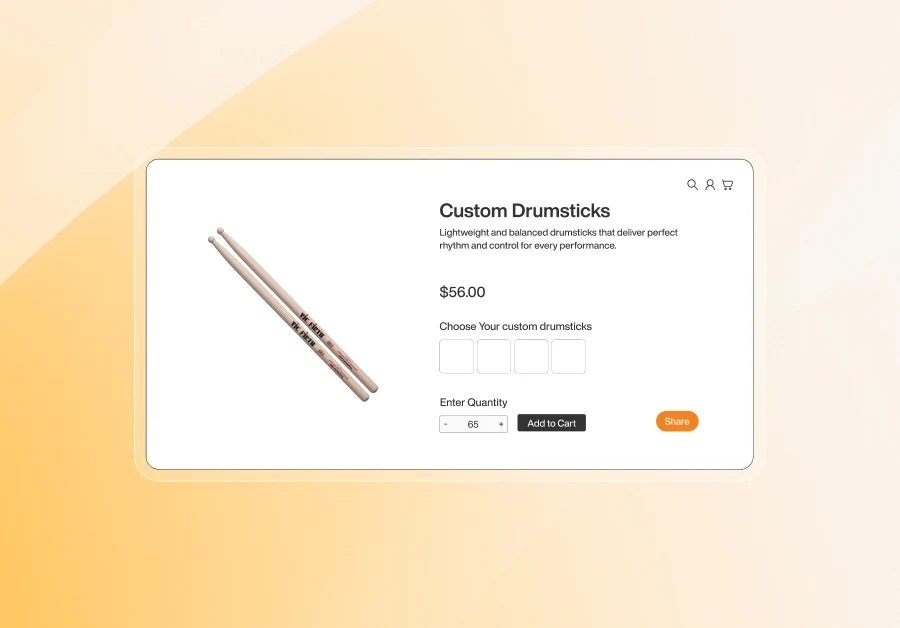 Product page displaying custom wooden drumsticks priced at $56 with options to choose design, enter quantity, and add to cart.