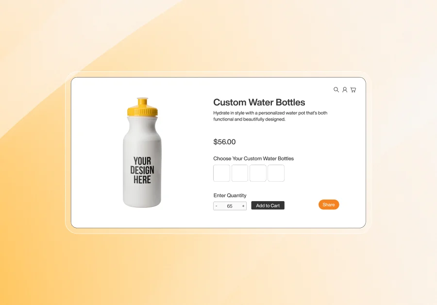 Product page displaying a custom water bottle with yellow cap and 'Your Design Here' text, priced at $56, featuring customization options, quantity selector, and add to cart button.