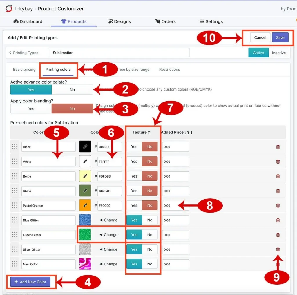 Screenshot of the Inkybay Product Customizer interface showing the ‘Add / Edit Printing Types’ page under the ‘Printing colors’ tab. The page includes options for activating the advanced color palette, applying color blending, and managing predefined colors for sublimation with columns for color name, code, texture toggle, and added price. Buttons for adding a new color, saving, and canceling changes appear on the screen.