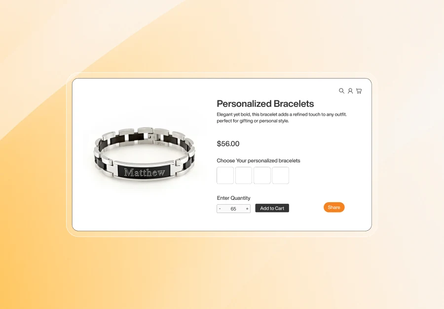 Product page showing a personalized silver bracelet engraved with the name Matthew, priced at $56, with options to choose style, quantity, and add to cart.