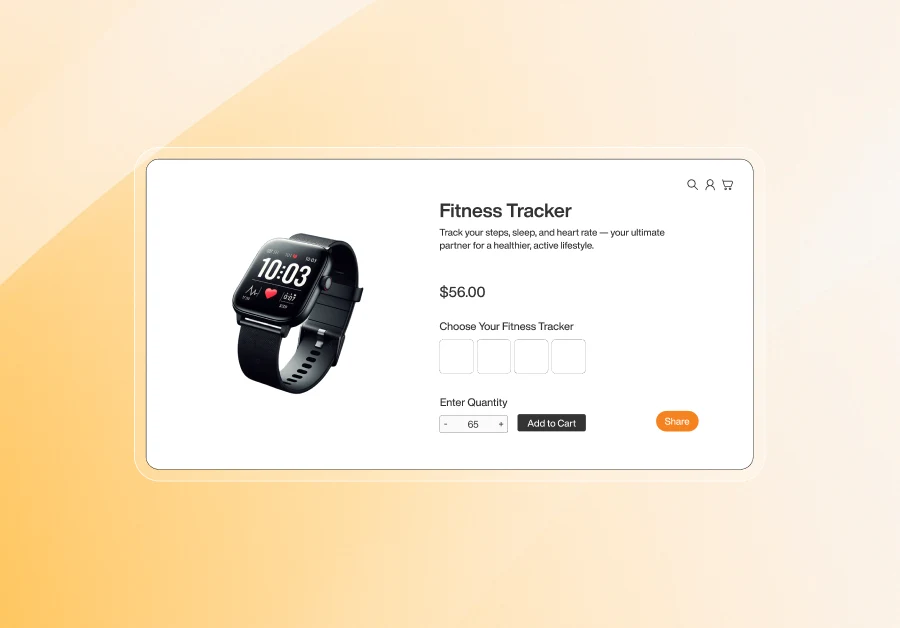 Product page featuring a black fitness tracker smartwatch priced at $56, with customization options, quantity selector, and add to cart button displayed on a beige background.
