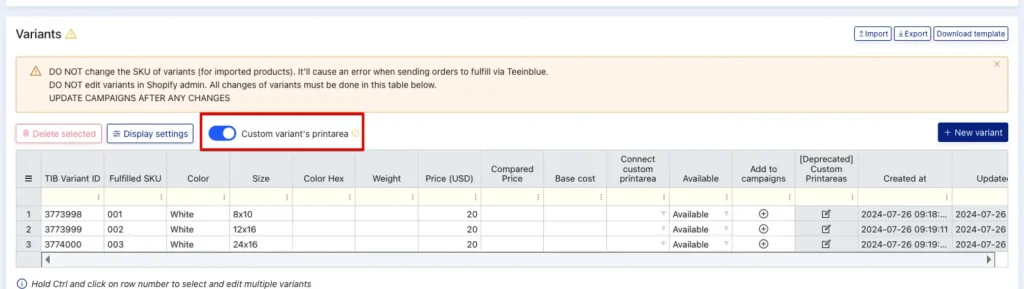 Screenshot of the Teeinblue Variants settings page showing a table of product variants and a highlighted toggle option labeled ‘Custom variant’s printarea’ above the variant list.