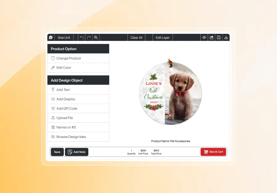 Online design tool (InkyBay) interface showing a customizable round Christmas ornament with a photo of a puppy wearing a red bow. The text on the ornament reads 'Louie's First Christmas 2020' with holiday decorations. Editing options like 'Add Text', 'Add Graphic', and 'Change Product' are visible on the left panel, and the product is labeled 'Pet Accessories' at the bottom.