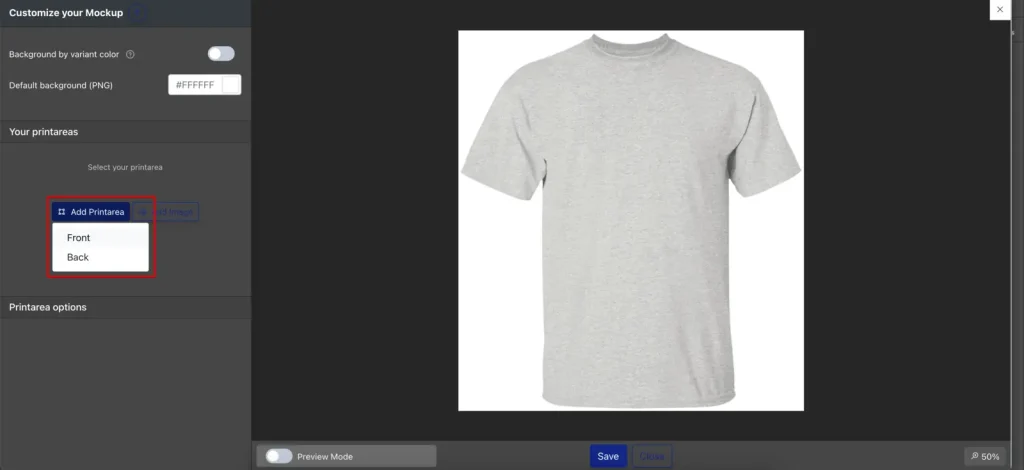 Screenshot of the Teeinblue mockup editor showing a grey T-shirt preview and the print area menu, with options to add a Front or Back print area highlighted on the left panel.