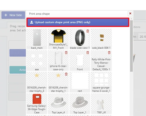 A screenshot of a pop-up window titled "Print area shape" within Inkybay (product customization tool). The window displays a gallery of various transparent PNG files used for defining custom print areas, such as a phone back, a T-shirt front, a tire, and different product templates. A prominent blue button at the top of the pop-up is highlighted in a red box and reads: "Upload custom shape print area (PNG only)" with an upload icon.