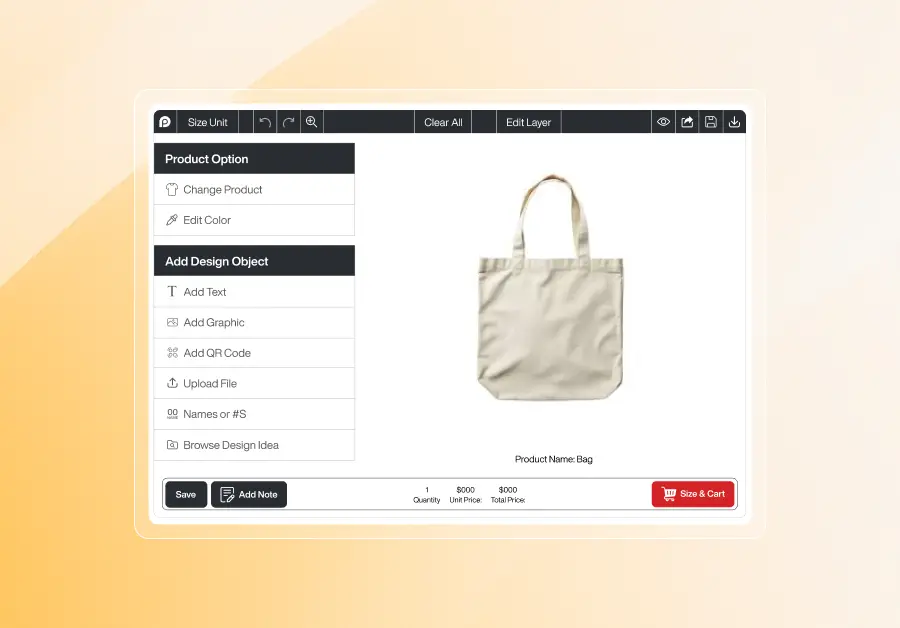 A digital design interface showing a plain cream-colored tote bag. The workspace is labeled "Product Name: Bag" and is surrounded by customization tools for adding text or images and a bottom status bar showing a total price of $000