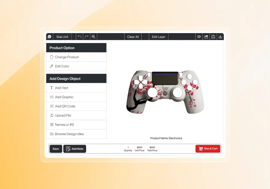 A screenshot of the Inkybay interface featuring a white game controller skin or shell with a pink cherry blossom and black branch design. The workspace is labeled "Product Name: Electronics" and includes standard tools for further personalization.