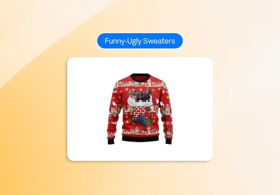 a bright red Christmas-themed “funny-ugly sweater” featured in the center of a white rectangular frame. The sweater is decorated with festive patterns, including snowflakes, small houses, stockings, and a brick chimney. At the top of the chimney graphic, there are two dogs appearing as if they are popping out, adding a humorous touch. Above the sweater, a blue label reads “Funny-Ugly Sweaters,” all set against a soft, warm gradient background.
