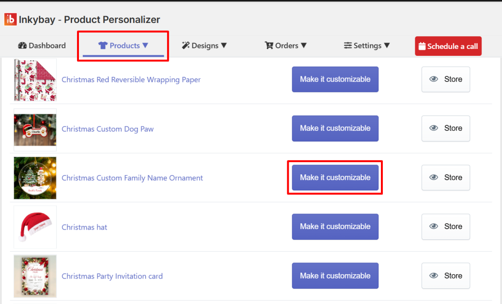 Inkybay Product Personalizer dashboard showing the Products tab selected. A list of Christmas-themed products appears, each with a purple ‘Make it customizable’ button and a ‘Store’ preview button on the right.
