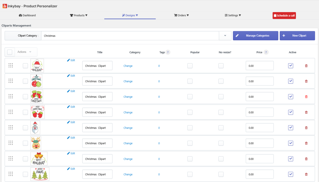 Inkybay Product Personalizer ‘Designs’ section showing the Cliparts Management page. The Christmas clipart category is selected, displaying a list of holiday clipart items with thumbnails, edit options, category settings, tags, popularity, resize restrictions, pricing fields, and active status toggles. Buttons for managing categories and adding new clipart appear at the top.