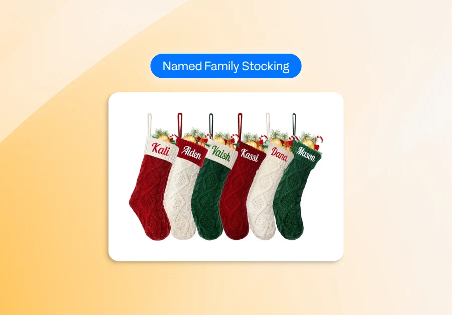 a set of six festive, cable-knit Christmas stockings, personalized with embroidered names for a family, arranged horizontally in a sequence of alternating colors: red, off-white, and dark green. The names embroidered on the white cuffs are Kali, Aiden, Vaish, Kassi, Dana, and Mason, with each stocking subtly filled and featuring holiday accents like candy canes and greenery tucked into the top, illustrating a product concept for Named Family Stockings.