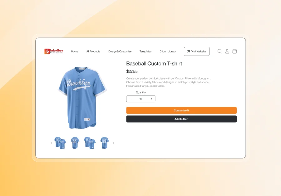 A clean product page interface showcasing a light-blue “Brooklyn” baseball custom T-shirt. The page displays multiple angles of the shirt, pricing details, quantity selector, and buttons for “Customize It” and “Add to Cart,” along with the Inkybay Product Customizer navigation menu at the top.
