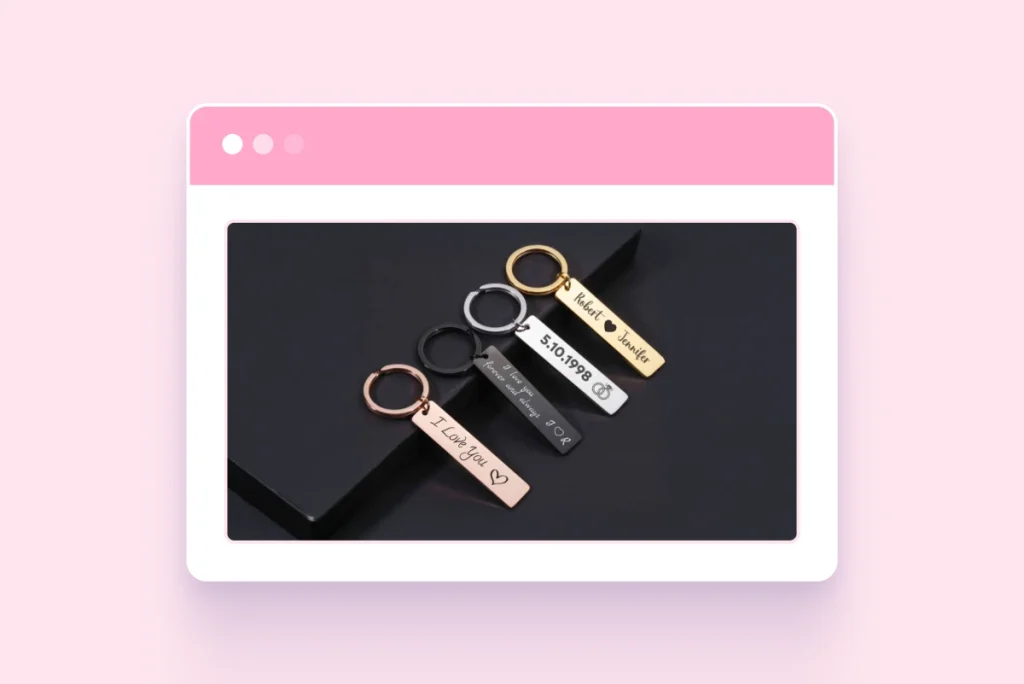 Four personalized rectangular bar keychains in rose gold, black, silver, and gold finishes, each engraved with custom names, dates, or messages like "I Love You."