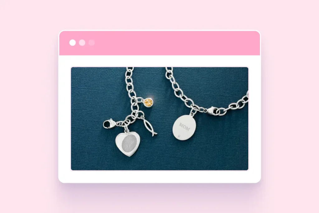 Custom silver charm bracelets with engraved pendants, including a fingerprint heart charm and a round disc labeled “Mom,” displayed on a blue background.
