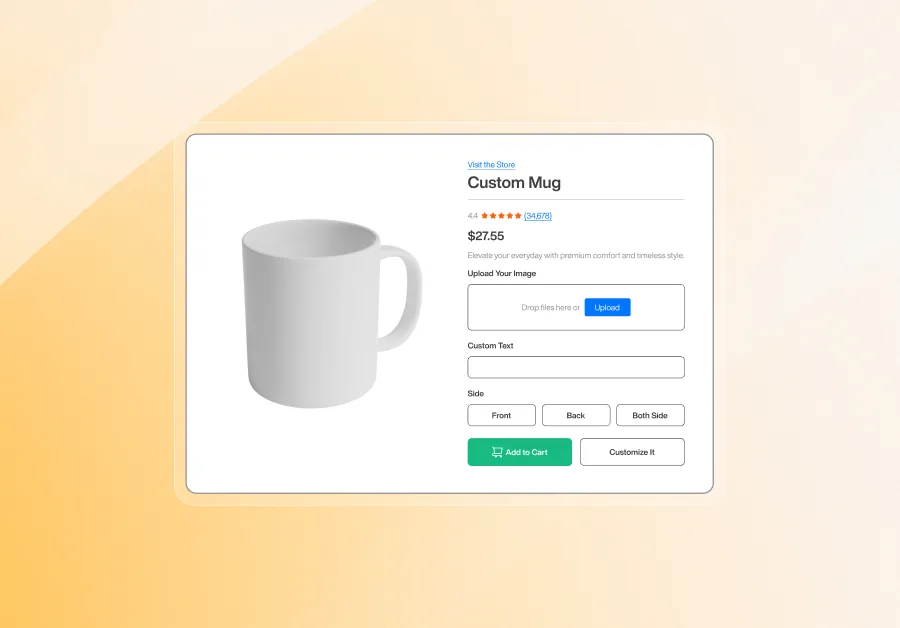 Custom mug product page displaying price, rating, image upload option, custom text field, side selection (front, back, both sides), and Add to Cart button on a gradient background.