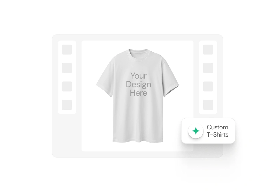 minimalist mockup of a light gray T-shirt displayed in the center of a soft, gray interface. The shirt has the text “Your Design Here” printed on the front