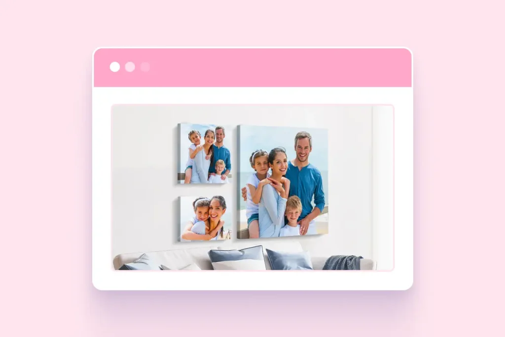 Three personalized family photo canvas prints displayed on a living room wall above a sofa.