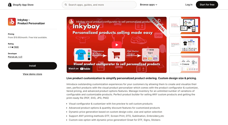 Shopify App Store listing for Inkybay – Product Personalizer, showing the app details, pricing, rating, developer name, install button, and a promotional demo video thumbnail