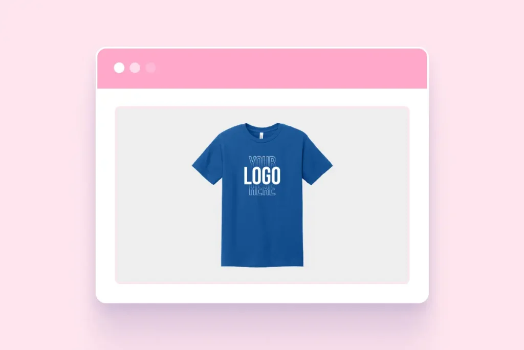 Blue custom T-shirt mockup featuring placeholder text “Your Logo Here” printed on the front.