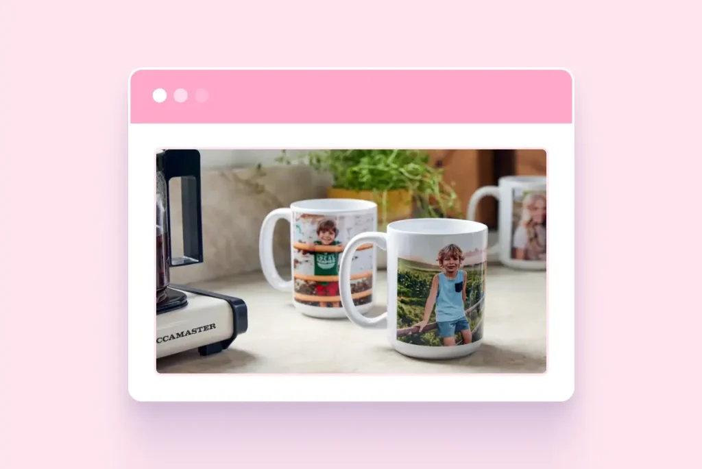 Personalized photo mugs with children’s pictures placed on a kitchen counter next to a coffee machine and plant.