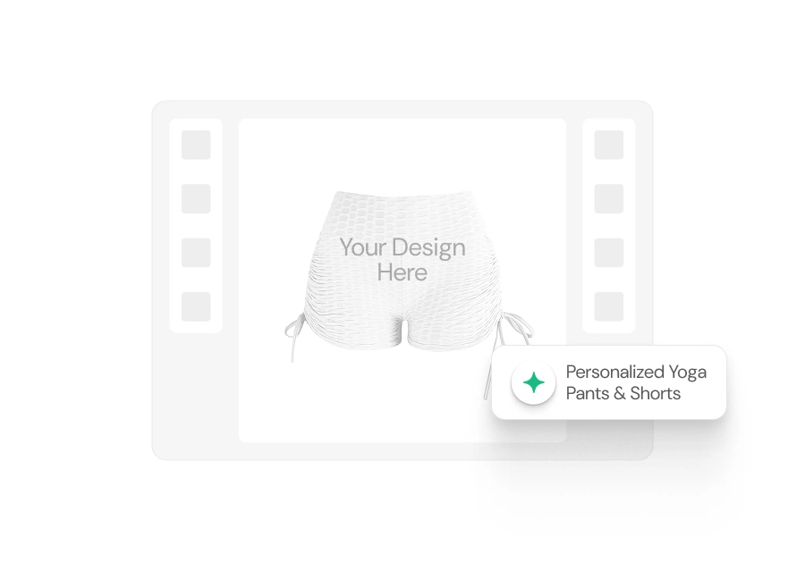 A product mockup displaying a pair of white textured yoga shorts with side tie details, centered on a light gray filmstrip-style frame. The shorts feature a "Your Design Here"