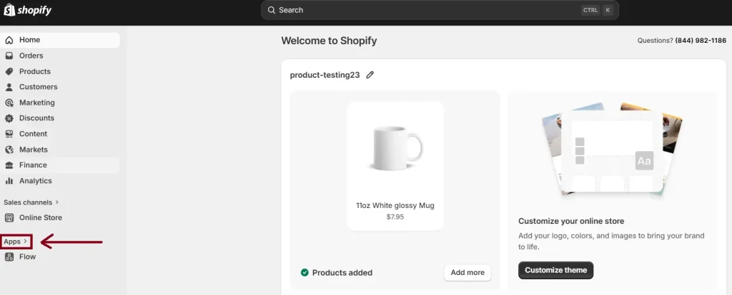 Shopify admin dashboard showing the left sidebar menu with the “Apps” section highlighted and indicated by a red arrow.