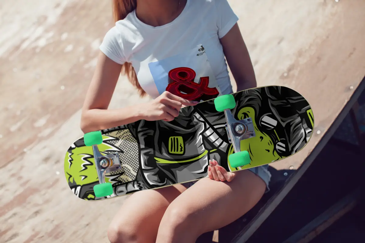 DTF printed graphics on a skateboard deck and t-shirt, showing DTF printing's versatility across different materials