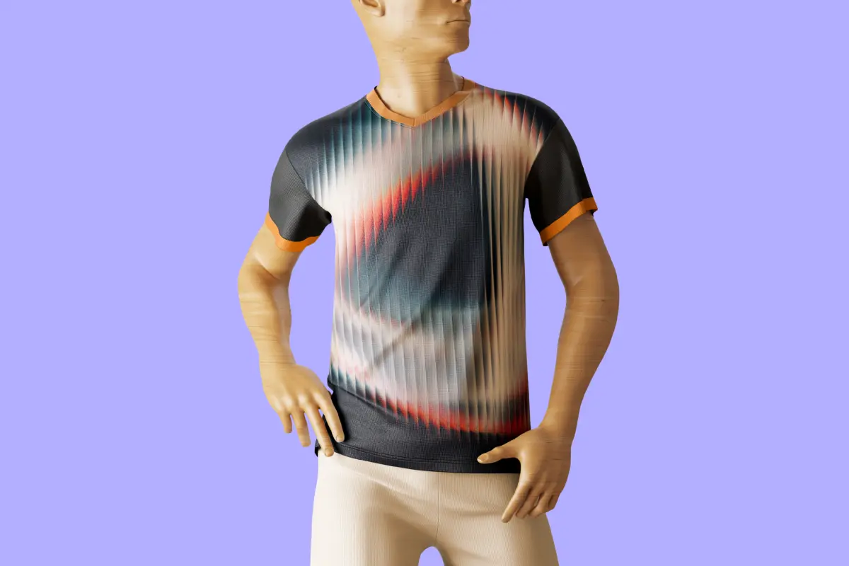 Mannequin wearing a performance jersey with a vibrant all-over sublimation print in navy, orange, and red, showcasing full-color design capability