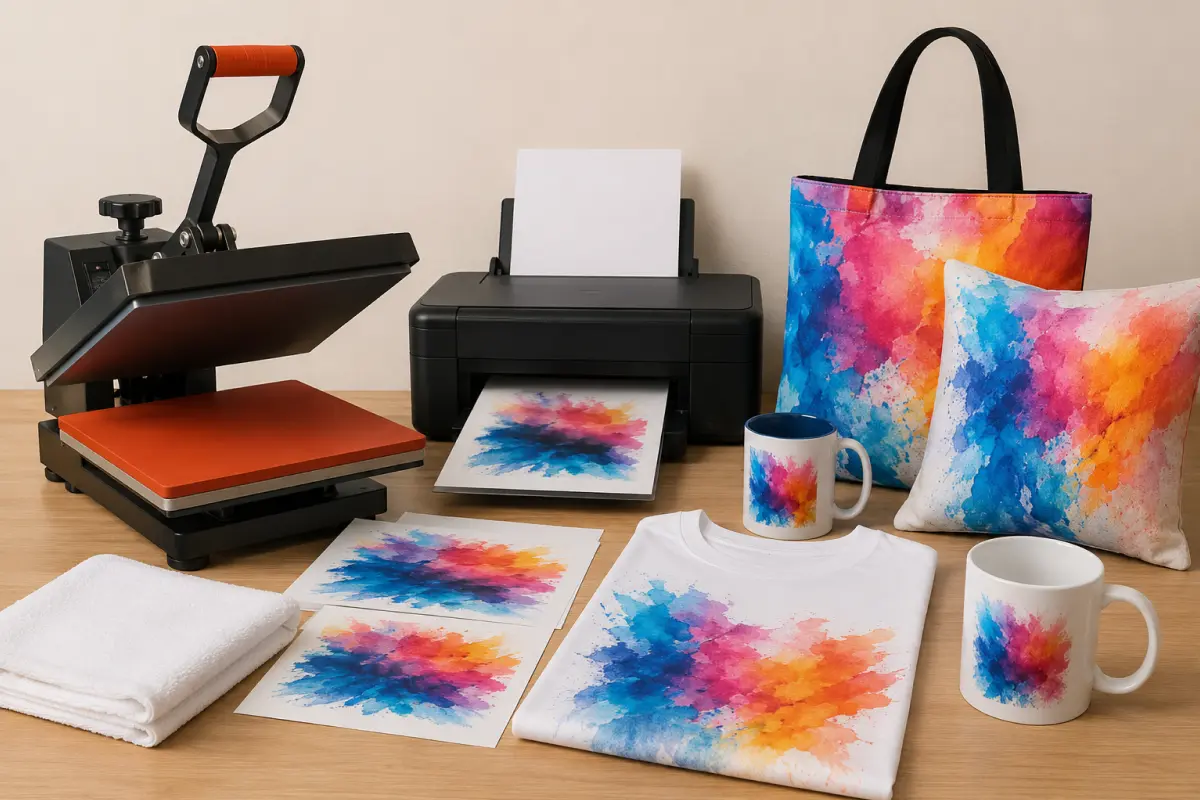 Sublimation printing process with heat press, printer, and printed t-shirt, mugs, and tote bag