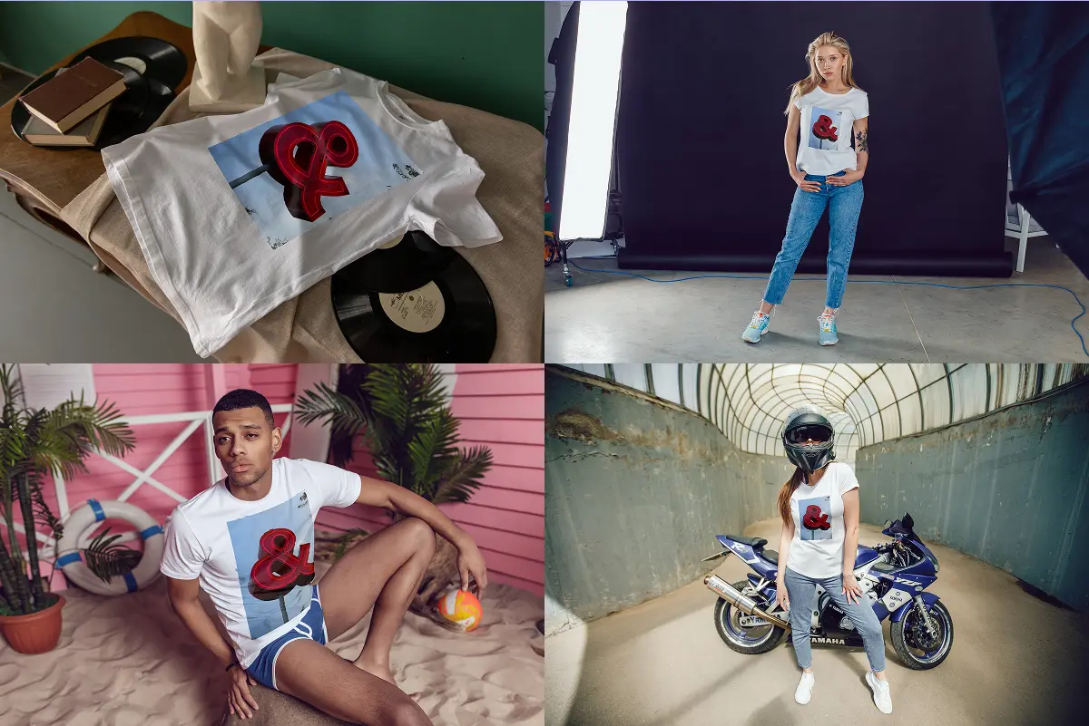 Four DTF print mockups on white t-shirts featuring a red ampersand graphic, styled in flat lay, studio, beach, and motorcycle settings