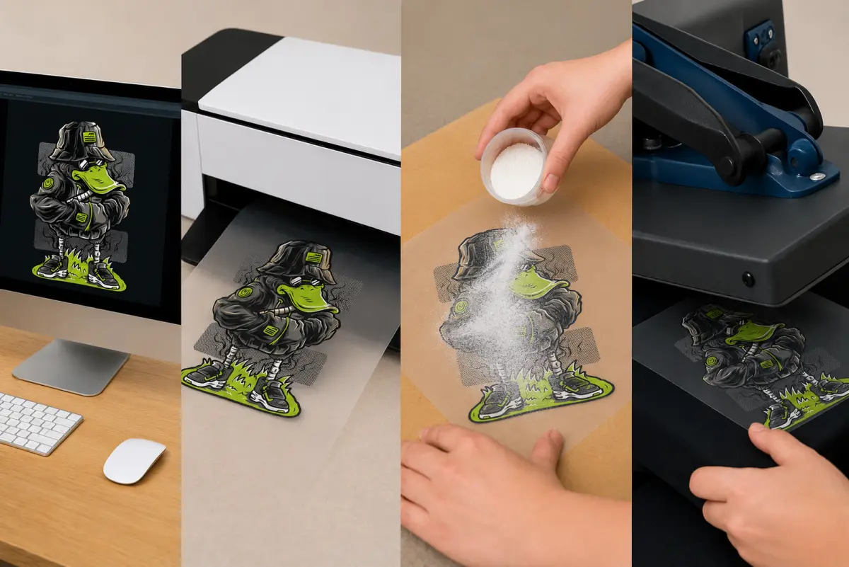 Four-step DTF printing process: design on screen, printing onto film, applying adhesive powder, and heat pressing onto fabric
