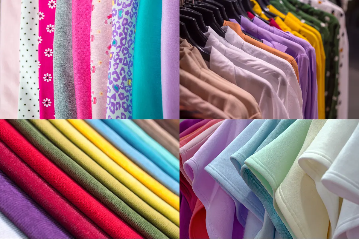 Colorful cotton and blend fabrics ideal for DTF printing, including patterned prints, folded rolls, and finished garments