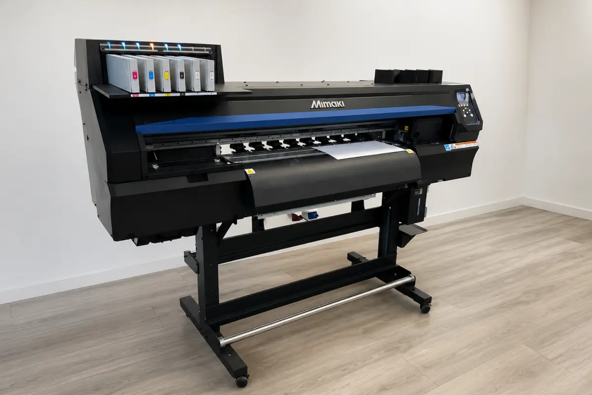 Mimaki DTF printer loading film roll and CMYK ink cartridges for direct-to-film printing