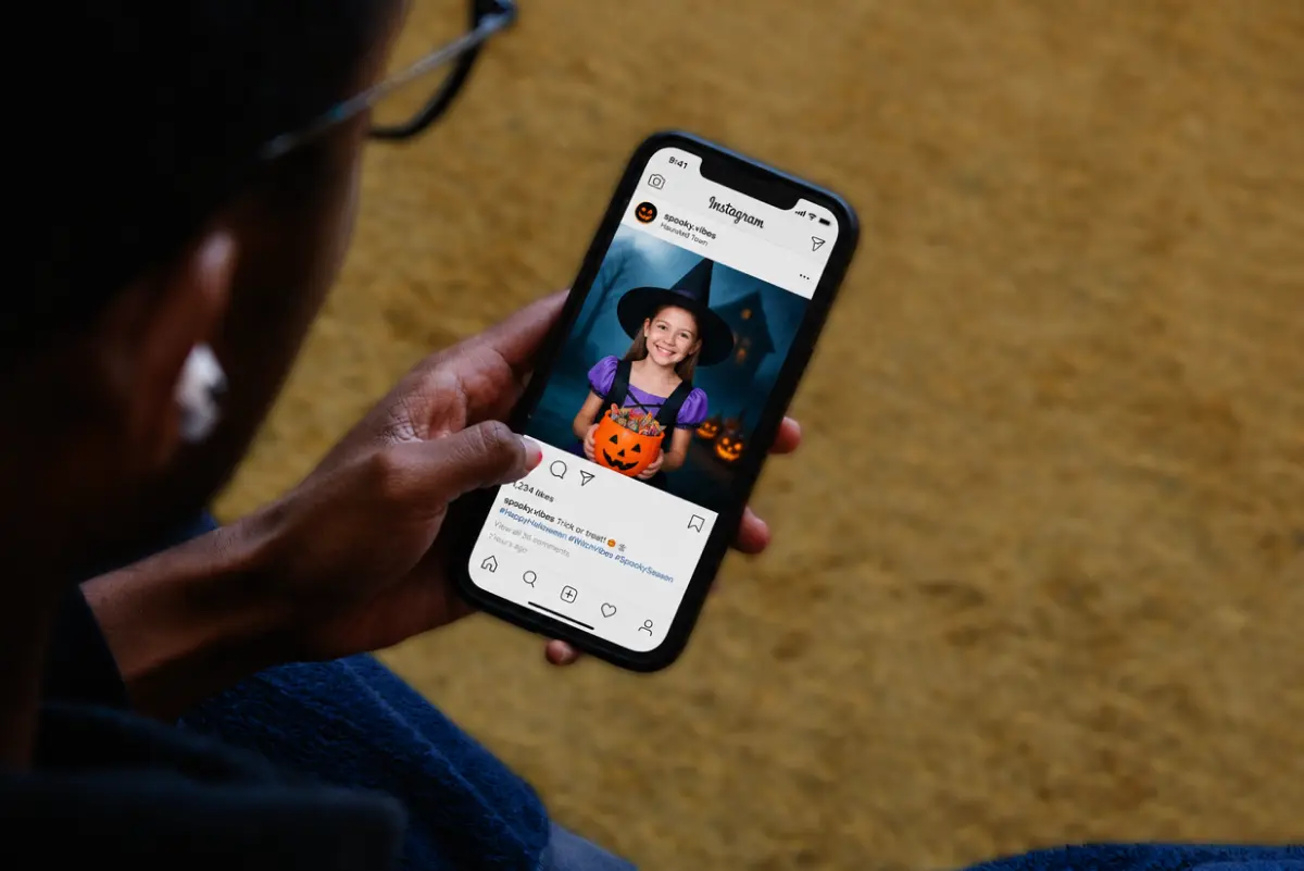 Person holding a phone viewing an Instagram post of a girl in a witch costume holding a jack o lantern candy bucket, captioned "Trick or treat" with Halloween hashtags.