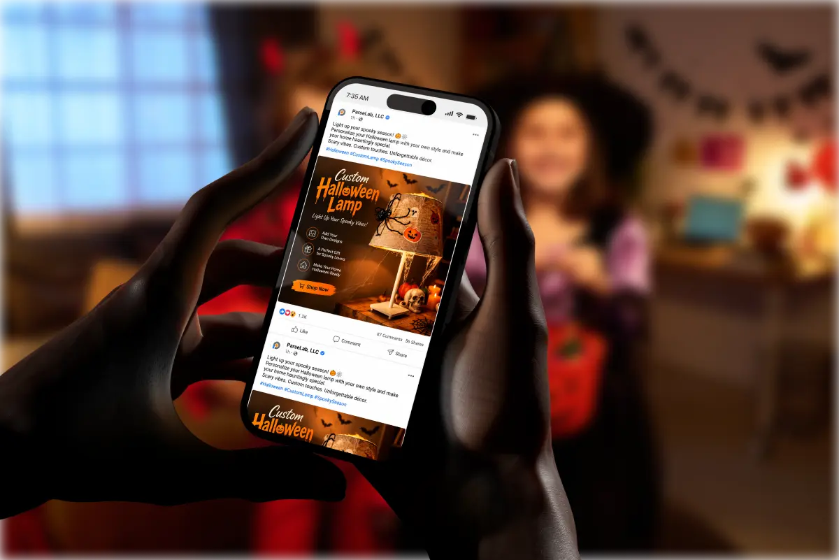 Hands holding a phone displaying a ParseLab social media post promoting a Custom Halloween Lamp with a "Shop Now" button, likes, comments, and shares visible.