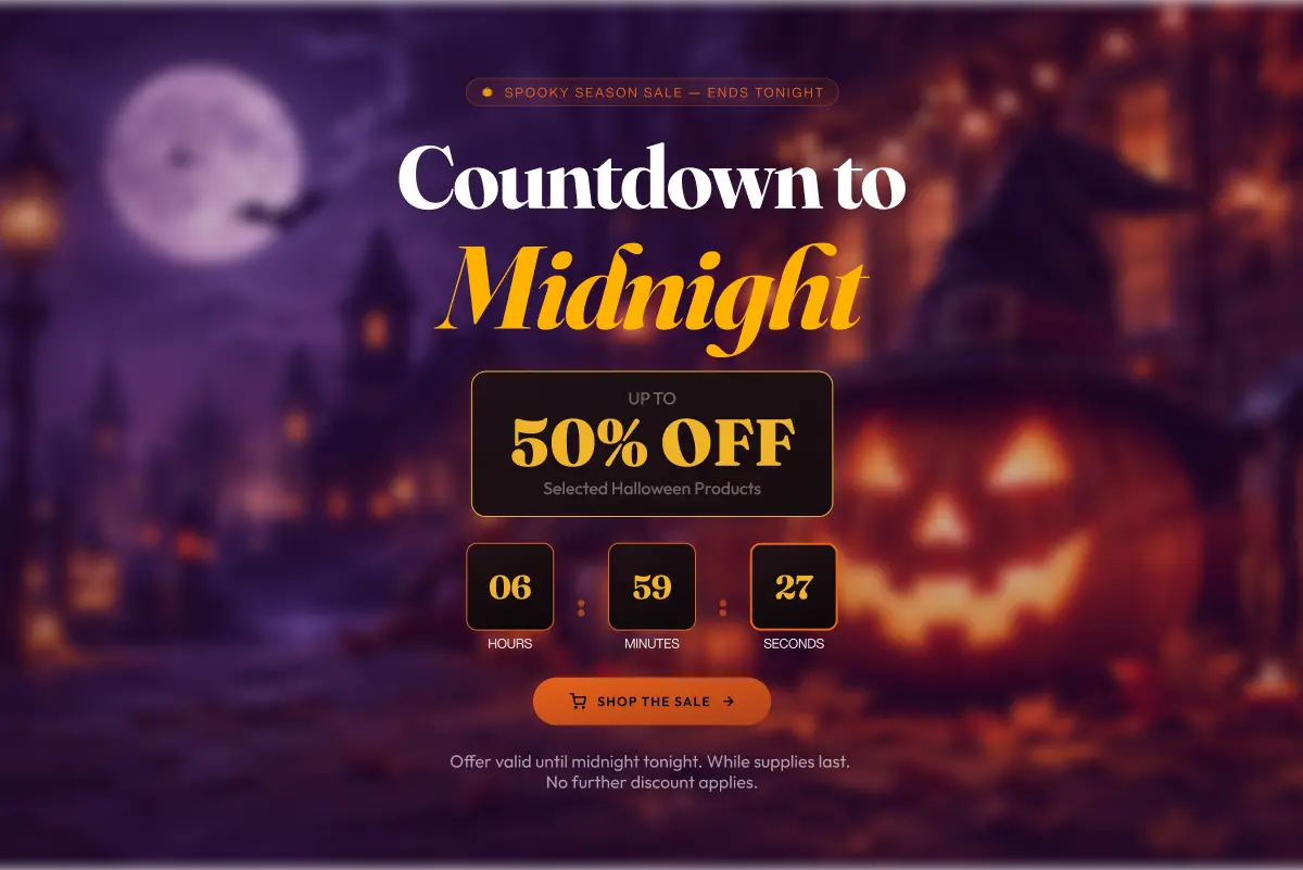 "Countdown to Midnight" Halloween sale banner offering up to 50% off selected products, with a live countdown timer showing hours, minutes, and seconds and a "Shop the Sale" button.