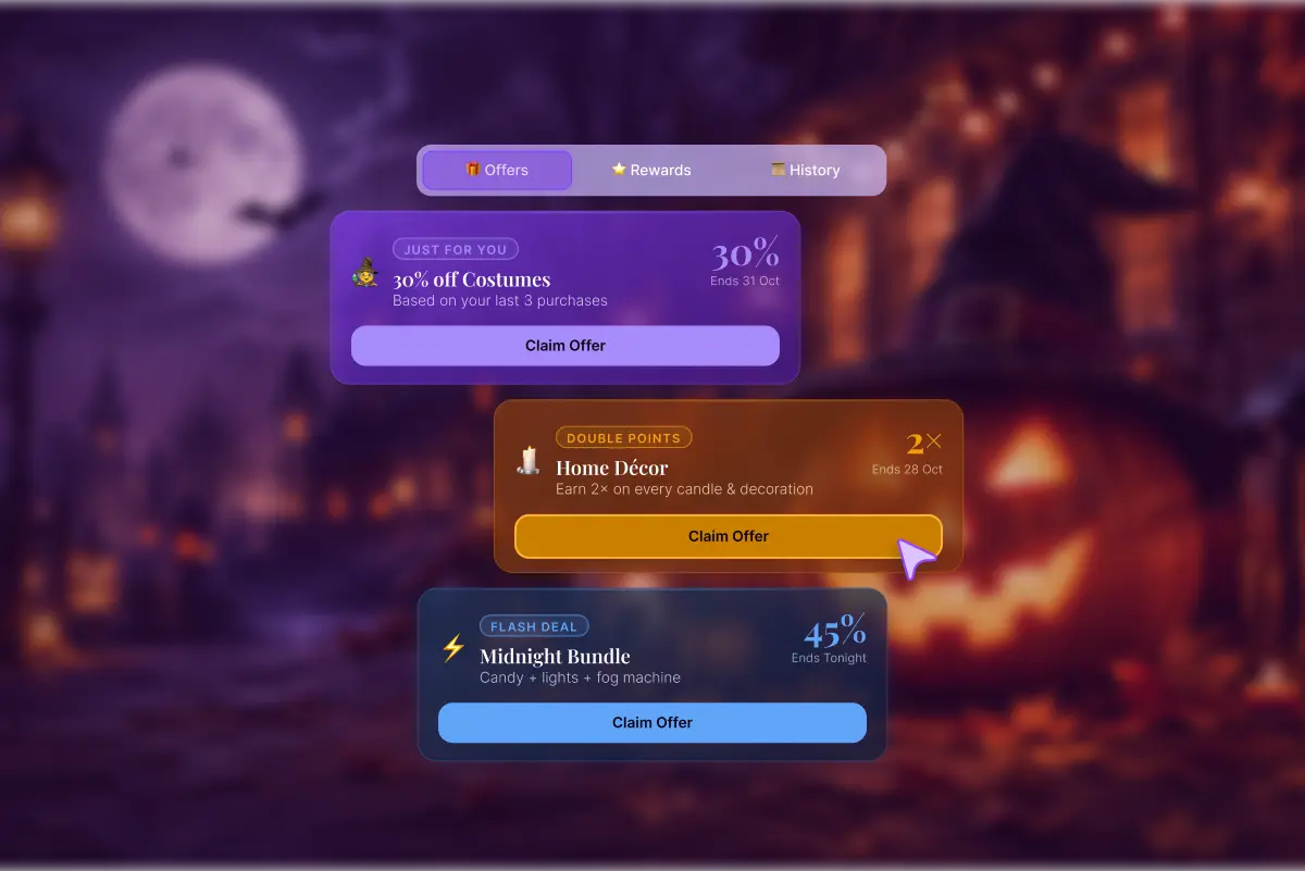 Personalized Halloween offers panel showing three claimable deals: 30% off costumes based on past purchases, double points on home decor, and a 45% off flash sale midnight bundle with candy, lights, and a fog machine.
