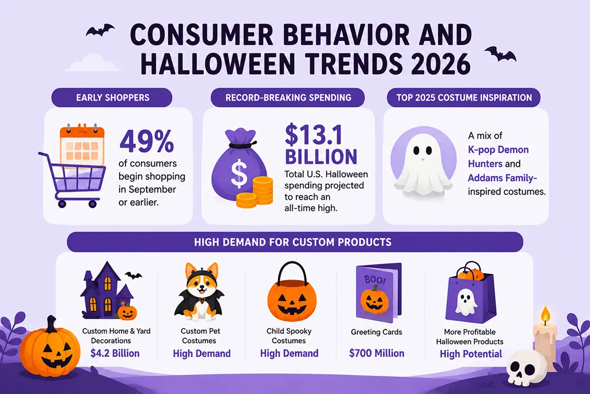 Consumer Behavior and Halloween Trends 2026, showing 49% of shoppers starting in September, $13.1 billion in projected spending, and high demand for custom costumes, decor, and cards.
