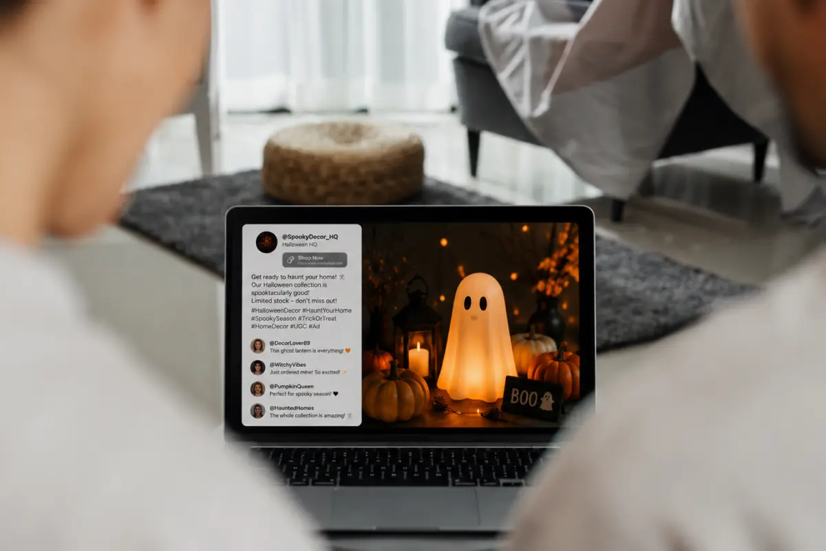 Two people looking at a laptop showing a social media post from SpookyDecor_HQ featuring a glowing ghost lantern with pumpkins and candles, with customer comments praising the decor.